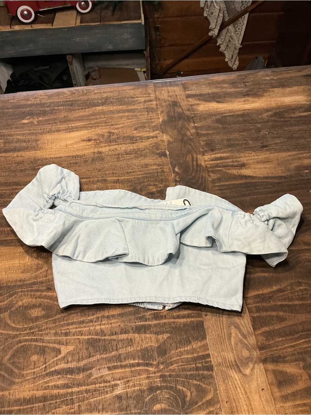 Twelve by Twelve Light Blue Off-Shoulder Ruffle Crop Top